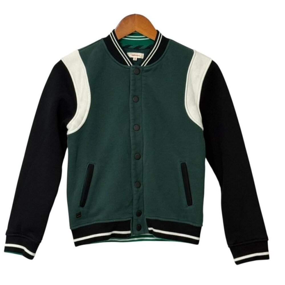 Catimini Boys Varsity Jacket Green White Black Thick Pockets Snap Front Size 12